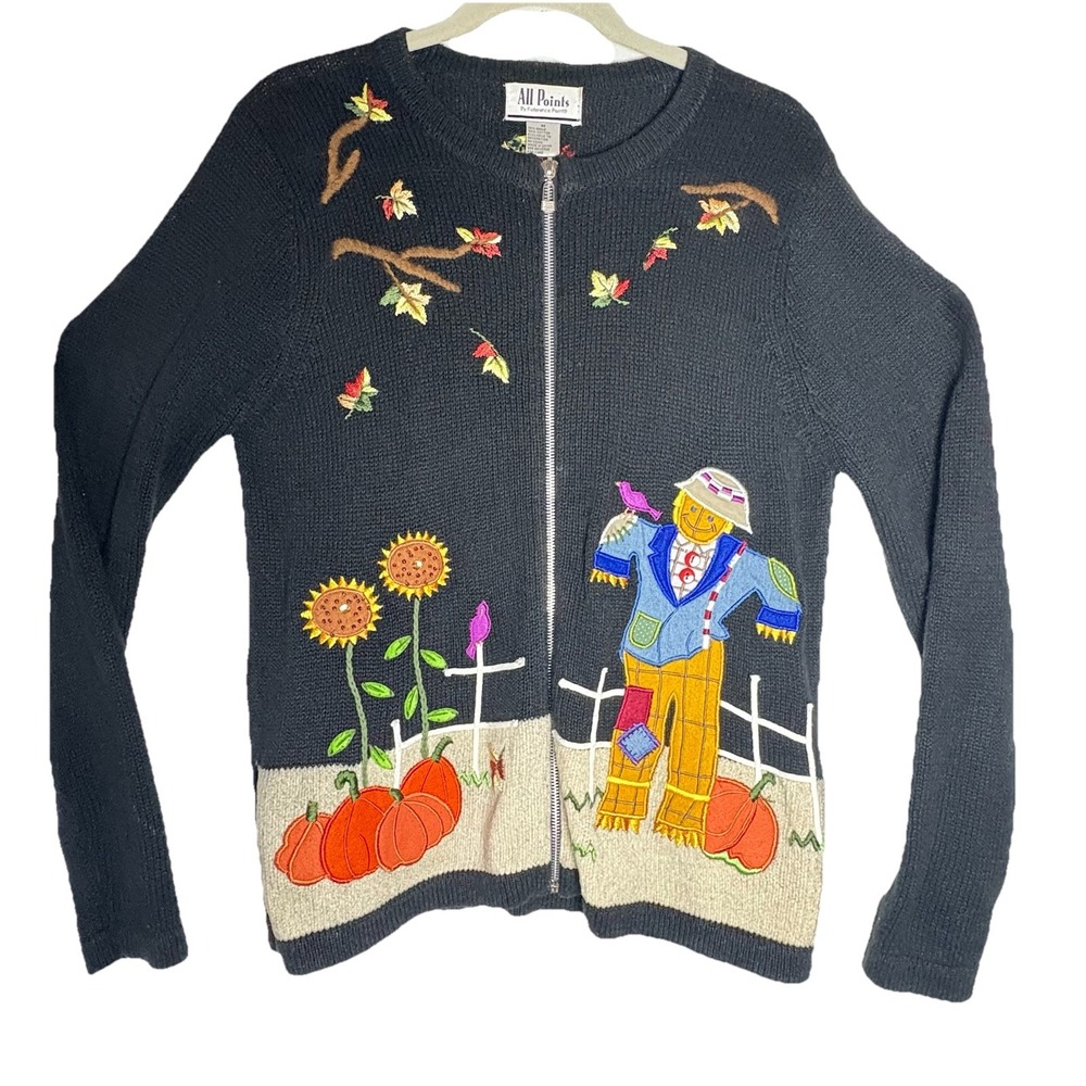 Fall Full Zip Cardigan Sweater Scarecrow Fall Leaves Women's Sz M VTG Soft Black